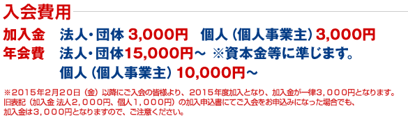 ■加入金 法人・団体2,000円 個人(個人事業主)1,000円
■年会費 法人・団体15.000円~ ※資本金等に準じます。
個人(個人事業主)10,000円~